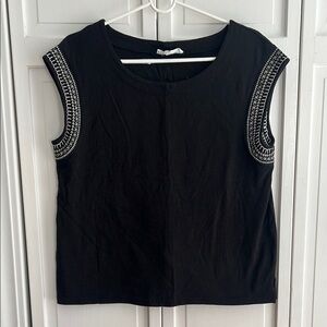 Jane and Delancey Black Sleeveless Top with white embroidery
